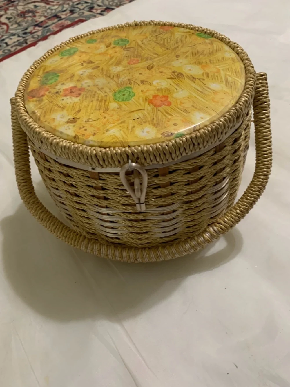 Vintage Round Woven Wicker Sewing Basket Box Japan Floral Quilted Cushion Lid